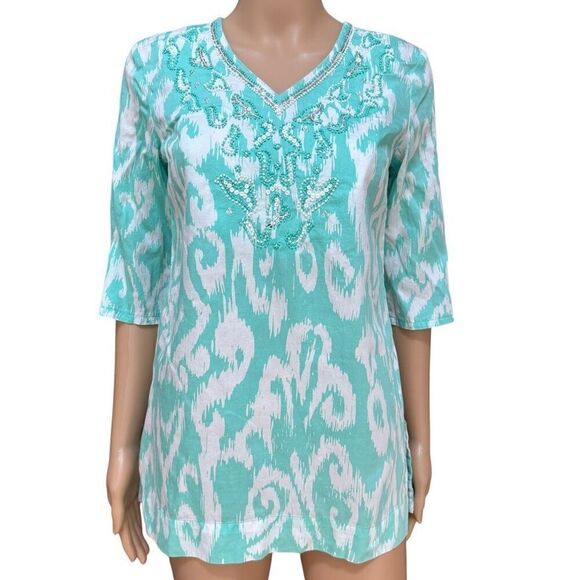 Brooks Brothers Tops - Brooks Brothers 346 100% cotton Top blouse tunic teal Pullover Sequin Beads Sz S
